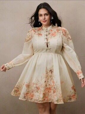 Cream Floral Long-Sleeve Fit & Flare Dress with Mandarin Collar